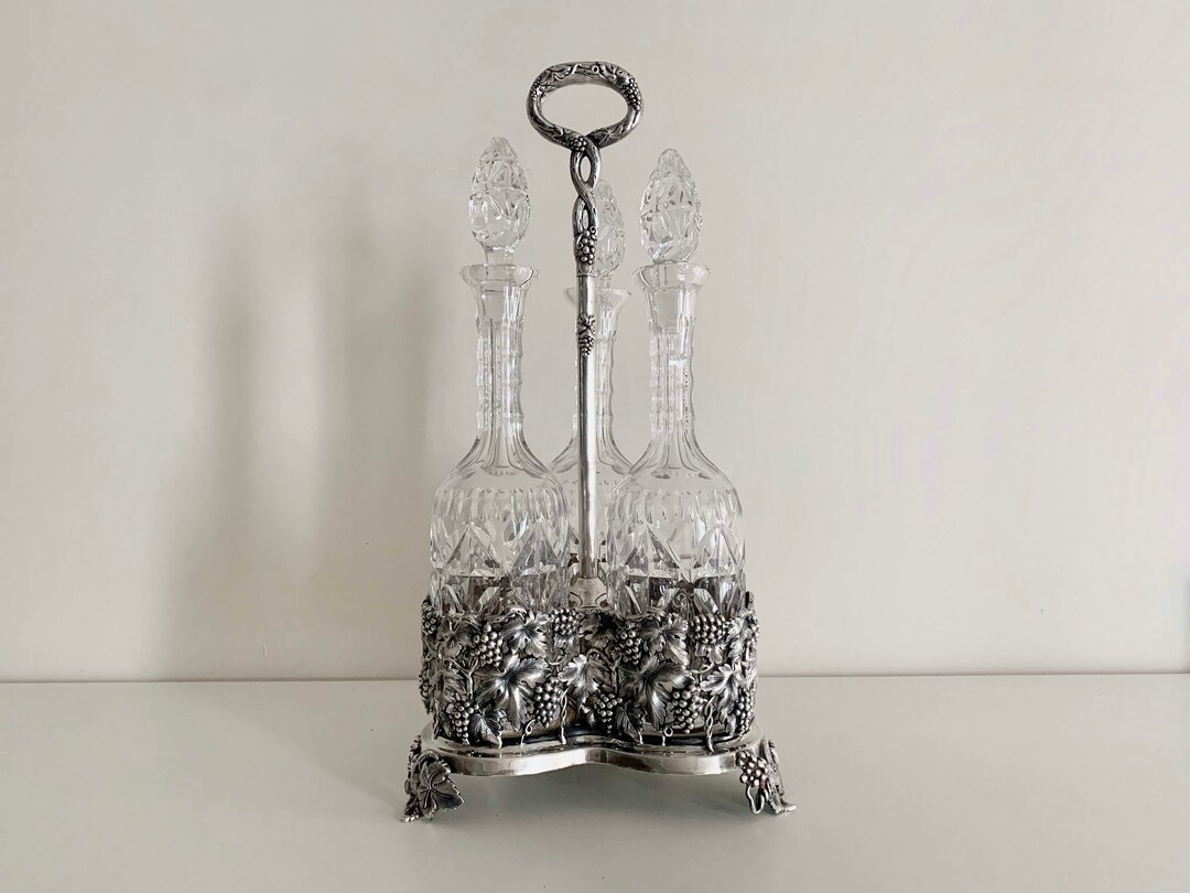Vintage Sterling Silver Cut Glass Cruet Set Crystal Bottles Silver