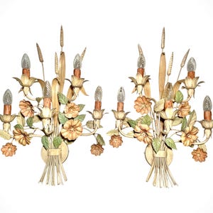 Vintage Pair Tole Floral 5 Lights Wall Sconces - Large Italian Floral Metal Wall Lamp Set - MCM Florentine Painted Wrought Iron Wall Lights