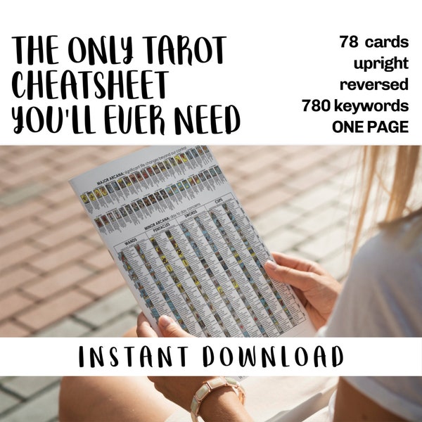 Tarot Cards Cheat sheet, 78 Cards, Upright & Reversed Keyword Meanings Conveniently On One Page, Great for Beginners