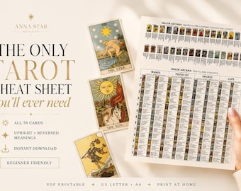 May include: A white paper cheat sheet featuring a grid of 78 tarot card meanings, labeled Major Arcana and Minor Arcana with Wands, Pentacles, Swords, and Cups. The text reads THE ONLY TAROT CHEAT SHEET you'll ever need, ANNA STAR DESIGNS, and ALL 78 CARDS.