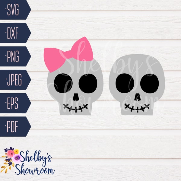 Cute Skeleton Heads SVG, SVG Cut File for Halloween,  DIY Kid Shirt, Skull, Boy Skelton, Girl Skeleton, Bones, Cute Halloween Svg, Dxf, Eps