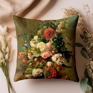Farmhouse Dark Flower Pillow Painterly Cottagecore Gothic Accent Throw Rustic Vintage Retro Indoor Outdoor Square Lumbar Pillow Cover Case