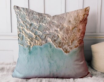 Coastal Accent Pillow Beach House Decorative Throw Pillow Aqua Rock Beach Ocean Indoor Outdoor Pillow Cover Sea Square / Lumbar Pillow Case