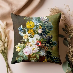 Vintage Dark Flower Painting Pillow Farmhouse Cottagecore Gothic Accent Throw Rustic Retro Indoor Outdoor Square Lumbar Pillow Cover Case