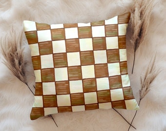 Brown Checkered Accent Pillow Farmhouse Retro Checkerboard Decorative Throw Pillow Indoor Outdoor Pillow Cover Square / Lumbar Pillow Case