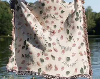 Woven Blanket Tropical Flower 100% Cotton Fringe Blanket Floral Throw Blanket Tapestry in Vintage Style. Housewarming Gift for Mom