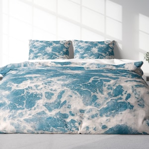 Coastal Duvet Cover Set Water Texture Aqua Ocean Bedding, Beach House Duvet Cover King Queen Full Double Twin. 100% Cotton Sateen