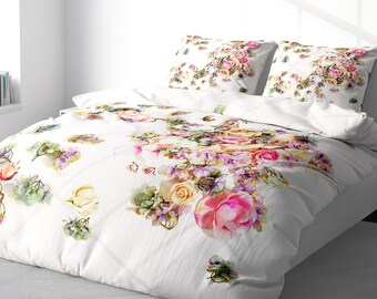 Brautblumenbettbezug Boho Bettbezug-Set Rosa Blumen Luxusbettwäsche Bettbezug König Königin Voll Doppel-Twin. 100% Baumwollsatin