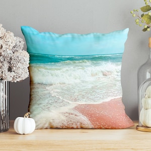 Pink Beach Coastal Accent Pillow Beach House Decorative Throw Pillow Ocean  Wave Indoor Outdoor Pillow Cover Sea Square / Lumbar Pillow Case
