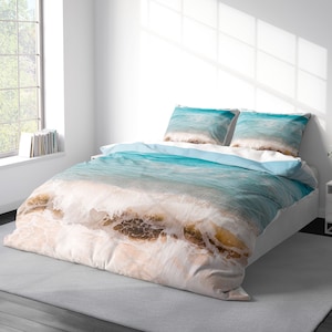 Coastal Beach Duvet Cover Set Ocean Landscape Seascape Bedding, Ocean Waves Duvet Cover King Queen Full Double Twin. 100% Cotton Sateen