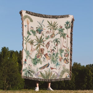 Woven Blanket Tropical Jungle 100% Cotton Fringe Blanket Palm Tree Forest Throw Blanket Tapestry in Vintage Style. Tropical Nursery Decor
