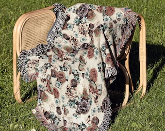 Floral Woven Blanket Farmhouse Boho Retro Fringe Blanket 100% Cotton Wildflower Throw Blanket Tapestry Housewarming Gift for Mom