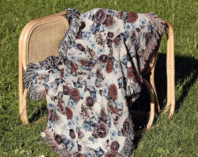 Couverture tissée florale ferme Boho rétro couverture à franges 100 % coton fleurs sauvages jetée tapisserie cadeau de pendaison de crémaillère pour maman