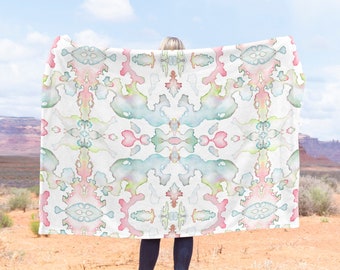 Pastelkleurige deken symmetrisch abstract gespiegeld aquarel katoenfluweel deken meisjesachtig pastel decor. Housewarmingcadeau