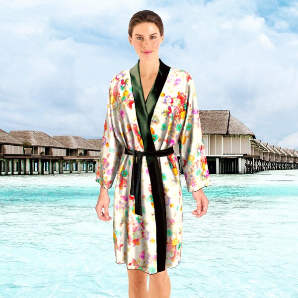 Floral Kimono Robe 100% Real Silk Wedding Gift for Bride, Wildflower Butterfly Luxurious Bride Robe, Bikini Beach Cover Up, Cardigan