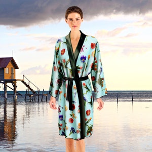 Realistic Tropical Flowers Kimono Robe 100% Real Silk Wedding Gift for Bride, 3D Floral Luxurious Bride Robe, Bikini Beach Cover Up Cardigan