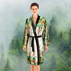 Botanical Kimono Robe 100% Real Silk Wedding Gift for Bride, Green Red Luxurious Bride Robe, Bikini Beach Cover Up Cardigan