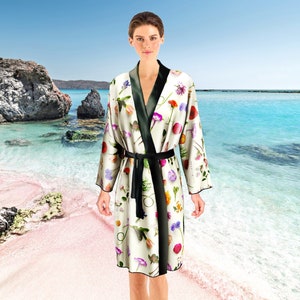 Realistic Tropical Flowers Kimono Robe 100% Real Silk Wedding Gift for Bride, 3D Floral Luxurious Bride Robe, Bikini Beach Cover Up Cardigan