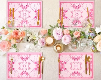 Girlish Pink Placemat Pink Abstract watercolor Wedding Dinning Table Setting French Fabric Placemat Sets 18” x 14” Formal Dinning Decor