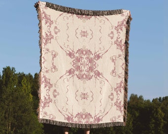 Pink Woven Blanket Girly Blanket Gift Symmetrical Abstract Mirrored Watercolor Throw Blanket 100% Cotton Fringed Tapestry in Vintage Style