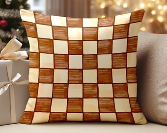 Brown Checkered Accent Pillow Farmhouse Retro Checkerboard Decorative Throw Pillow Indoor Outdoor Pillow Cover Square / Lumbar Pillow