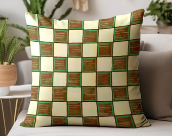 Checkered Accent Pillow Farmhouse Brown Retro Checkerboard Decorative Throw Pillow Indoor Outdoor Pillow Cover Square / Lumbar Pillow Case