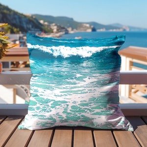 Coastal Accent Pillow Aqua Beach House Decorative Throw Pillow Gift for Surfer Ocean Indoor Outdoor Pillow Cover Square / Lumbar Pillow Case