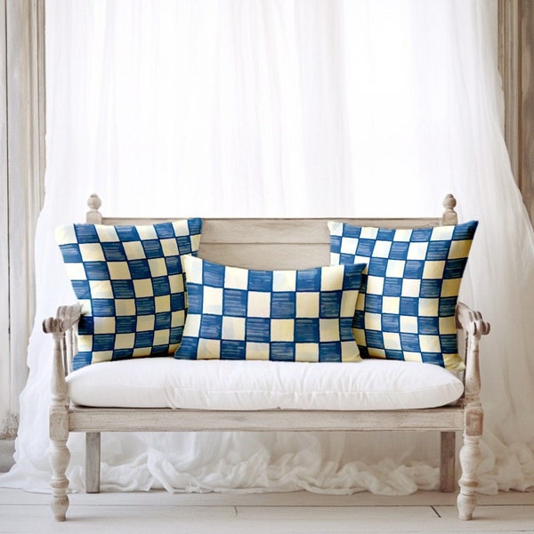 Blue Checkered Accent Pillow Farmhouse Retro Checkerboard Decorative Throw Pillow Indoor Outdoor Pillow Cover Square / Lumbar Pillow Case