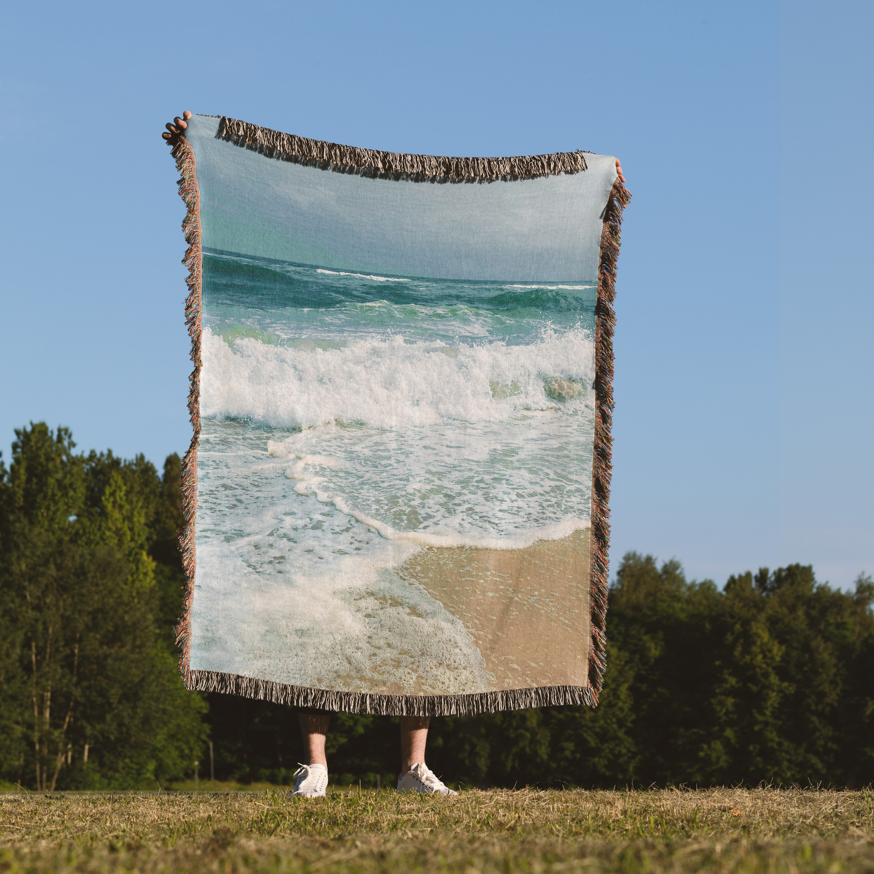Coastal Woven Blanket Sand Beach Wave Sea Landscape Throw Blanket