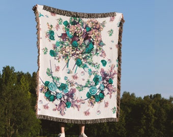 Floral Woven Blanket Farmhouse Boho Fringe Blanket 100% Cotton Wildflower Throw Blanket Tapestry Housewarming Gift for Mom