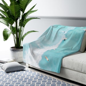 Surfing Beach Blanket Hawaii Beach House Decor Sherpa Fleece Blanket Aqua Blue Coastal Throw Blanket Housewarming Gift for Surfers