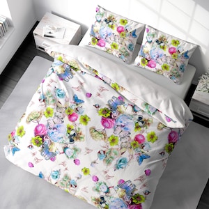 Copripiumino floreale blu Set copripiumino con fiori a farfalla Biancheria da letto di lusso Copripiumino King Queen Full Double Twin. 100% raso di cotone