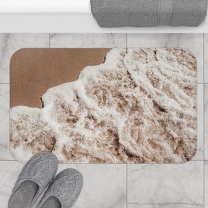 Beige Beach Bath Mat Housewarming Gift for Surfers Coastal Sand Beach Sea Foam Non-Slip Memory foam Bath Mat Boho Ocean Bathroom Decor