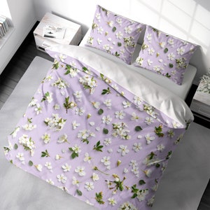 Pastel Lavender Purple Duvet Cover Spring Floral White Cherry Blossoms Bedding Flowers Duvet Cover King Queen Full Twin 100% Cotton Sateen