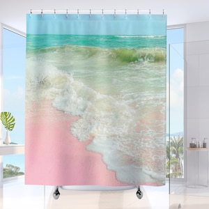 Beach Shower Curtain Pastel Pink Aesthetic Seascape Ocean Home Decor. Housewarming Gift for Beach Lovers