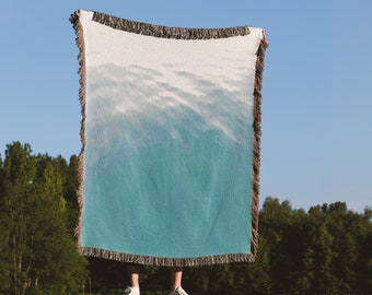 Manta tejida con diseño de océano en aguas tranquilas, degradado azul aguamarina, manta costera con flecos, tapiz, decoración vintage para casa de playa, regalo de inauguración para mamá.