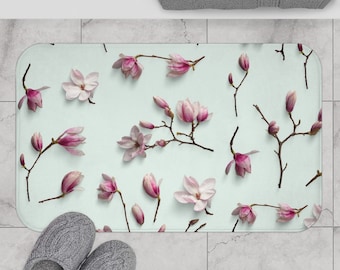 Pink Floral Bath Mat Chinoiserie Blossom Branches Non-Slip Memory foam Bath Mat 3D Flower Girl's Bathroom Decor. Housewarming Gift