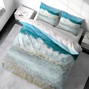 Coastal Beach Duvet Cover Set Ocean Landscape Seascape Bedding, Ocean Waves Duvet Cover King Queen Full Double Twin. 100% Cotton Sateen