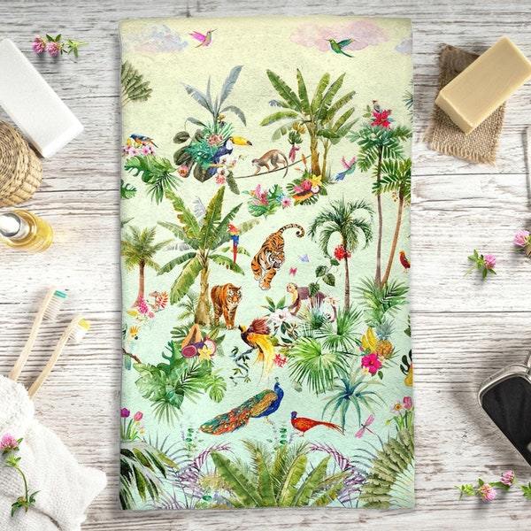 Tropical Jungle Hand Towel Palm Tree Forest Bathroom Towel Wild Animals Kitchen Dishcloth Tea Towel