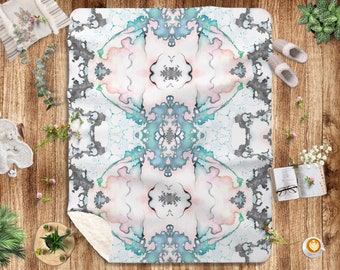 Pastel Pink Blue Blanket Symmetrical Abstract Mirrored Watercolor Sherpa Fleece Throw Blanket Girlish Pastel Decor. Housewarming Gift