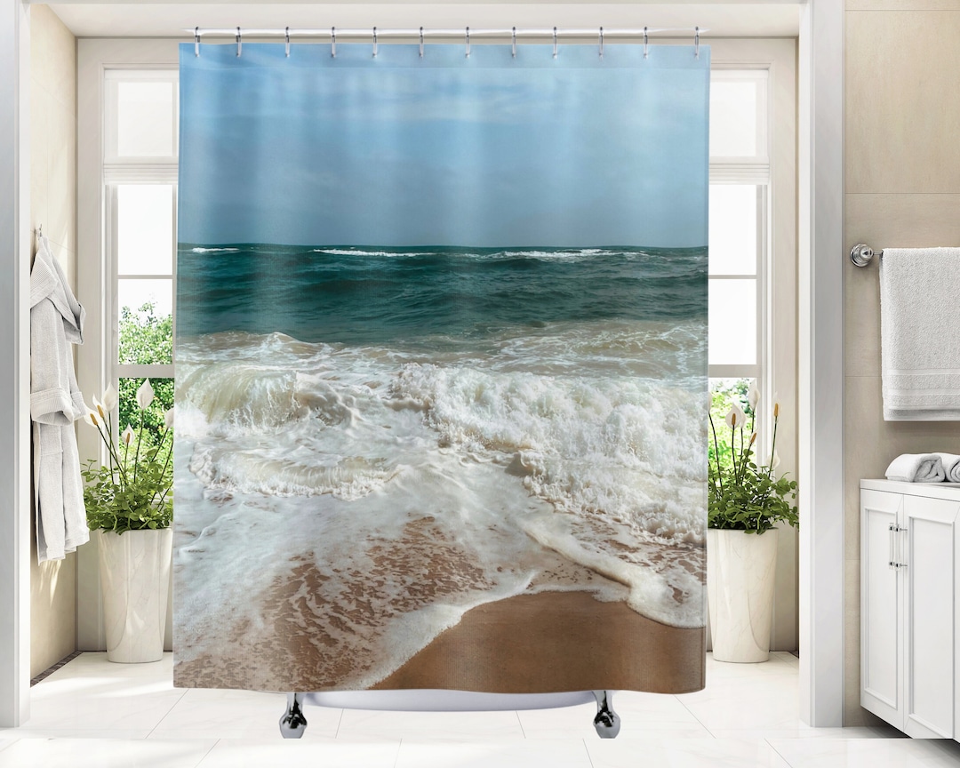 Coastal Beach Shower Curtain, Ocean Landscape Seascape Bath Curtain ...