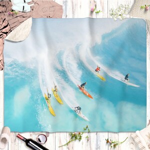 Surfing Beach Blanket Hawaii Beach House Decor Sherpa Fleece Blanket Aqua Blue Coastal Throw Blanket Housewarming Gift for Surfers