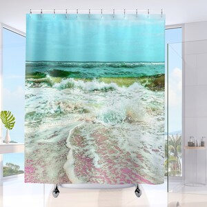 Beach Shower Curtain Pastel Pink Aesthetic Seascape Ocean Home Decor. Housewarming Gift for Beach Lovers