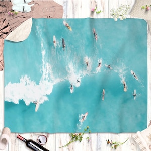 Surfing Beach Blanket Hawaii Beach House Decor Sherpa Fleece Blanket Aqua Blue Coastal Throw Blanket Housewarming Gift for Surfers