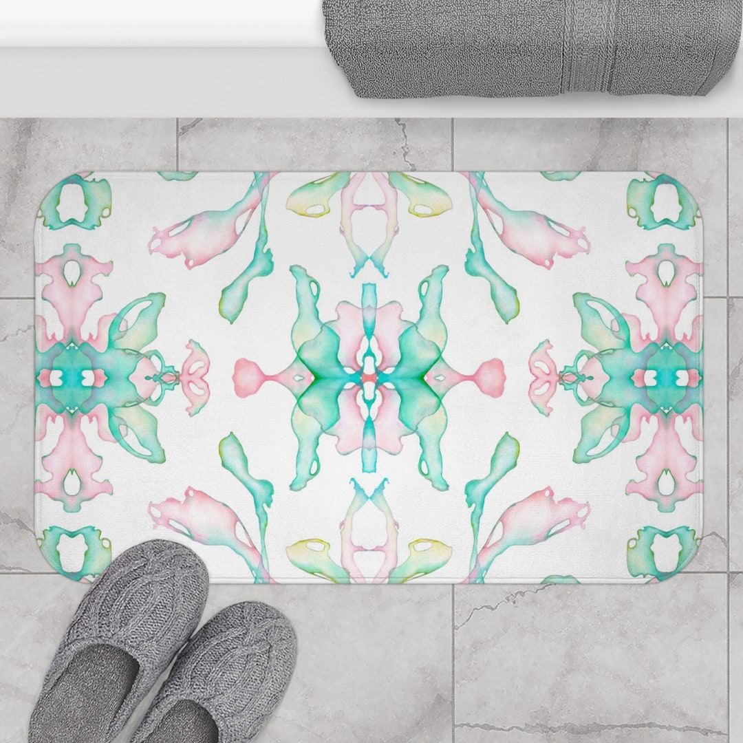 Pastel Pink Green Bath Mat Symmetrical Abstract Mirrored Watercolor ...