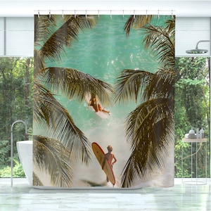Tropical Beach Shower Curtain Hawaii Surf Beach House Bathroom Decor Coastal Bath Curtain Housewarming Gift for Surfers