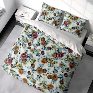Duvet Cover Retro Boho Floral Duvet Cover Set Bold Flowers Bedding Luxury Duvet Cover King Queen Full Double Twin. 100% Cotton Sateen