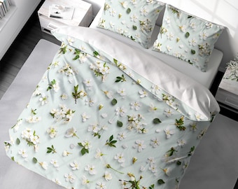 Duvet Cover Spring Floral Duvet Cover Set White Cherry Blossoms Bedding Flowers Duvet Cover King Queen Full Double Twin 100% Cotton Sateen