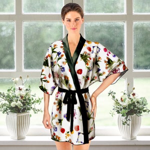 Realistic Tropical Flowers Kimono Robe 100% Real Silk Wedding Gift for Bride, 3D Floral Luxurious Bride Robe, Bikini Beach Cover Up Cardigan