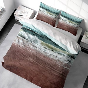 Coastal Beach Duvet Cover Set Ocean Landscape Seascape Bedding, Ocean Waves Duvet Cover King Queen Full Double Twin. 100% Cotton Sateen